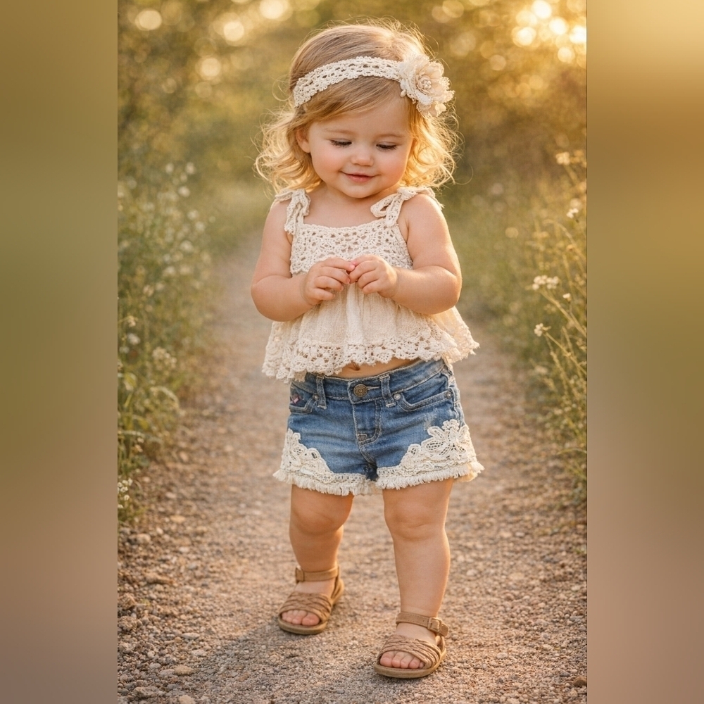 Vigoss The Chelsea Denim Shorts with White Lace Crochet Trim